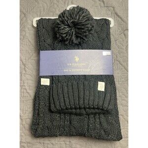 U.S Polo Assn. Cable Knit Pom Hat & Infinity Scarf Black NWT Fall Winter Chic